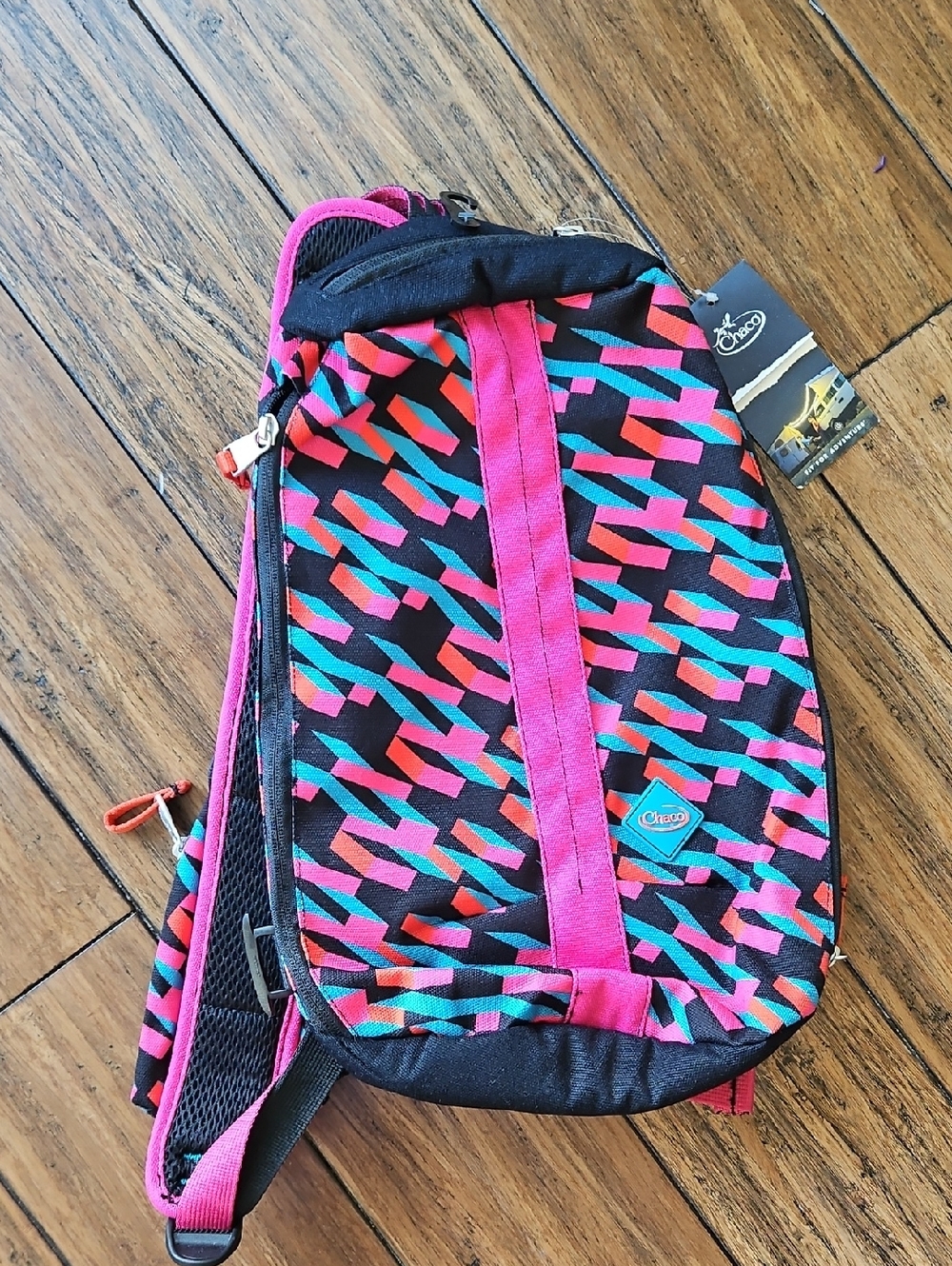 NWT Chaco Black Sling Bag with Pink, Teal & Coral Geometric Print